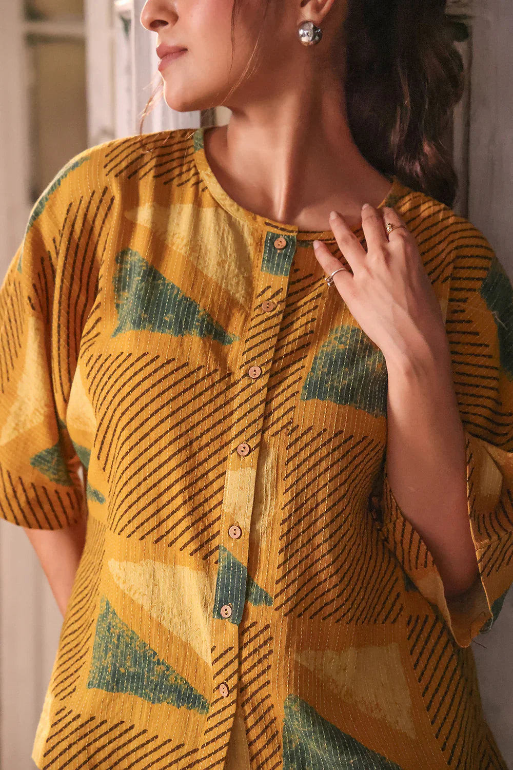 Mustard Yellow Cotton Ajrakh Shirt | SHOBITAM