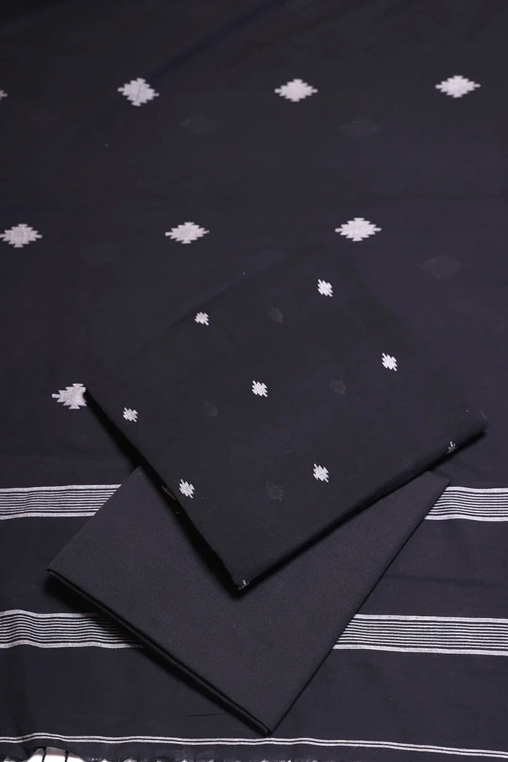 Handloom Black Pure Cotton Jamdani Suit Set WIth Dupatta | SHOBITAM