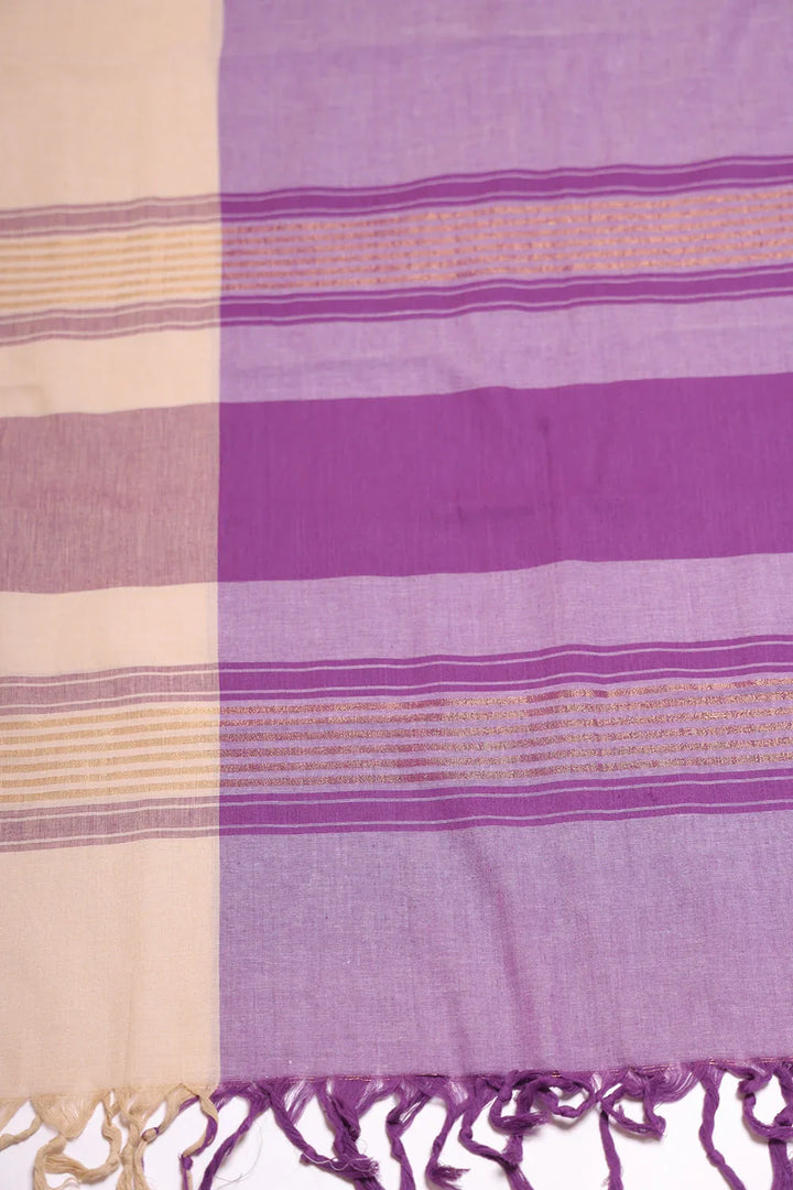 Beige and Purple Woven Suit Set with Subtle Buti & Zari Dupatta | SHOBITAM