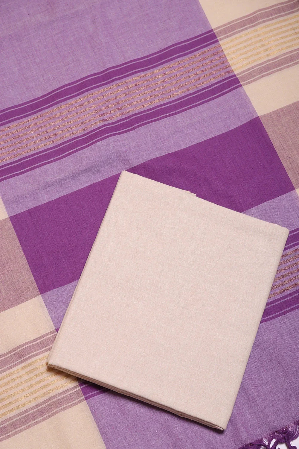 Beige and Purple Woven Suit Set with Subtle Buti & Zari Dupatta | SHOBITAM