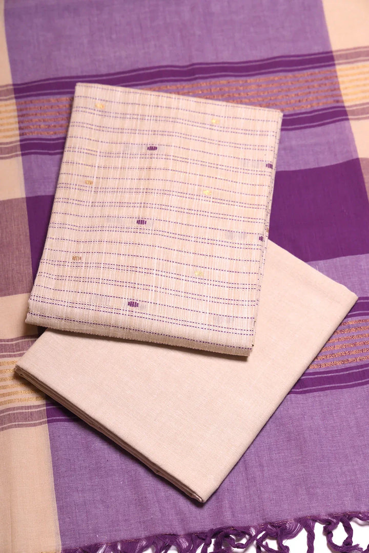 Beige and Purple Woven Suit Set with Subtle Buti & Zari Dupatta | SHOBITAM