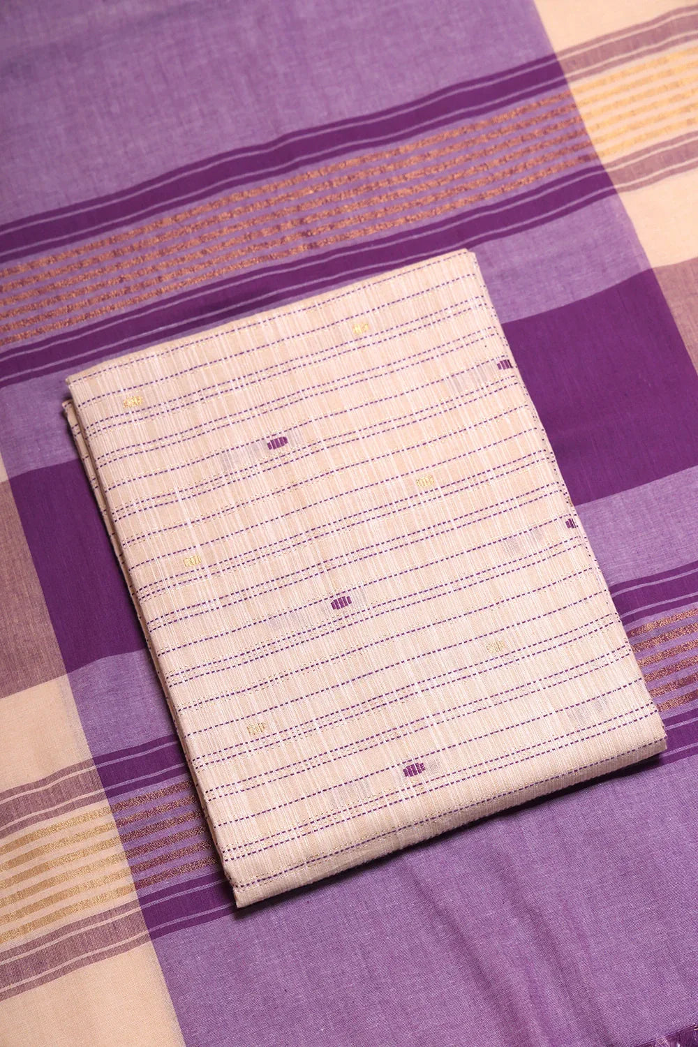 Beige and Purple Woven Suit Set with Subtle Buti & Zari Dupatta | SHOBITAM