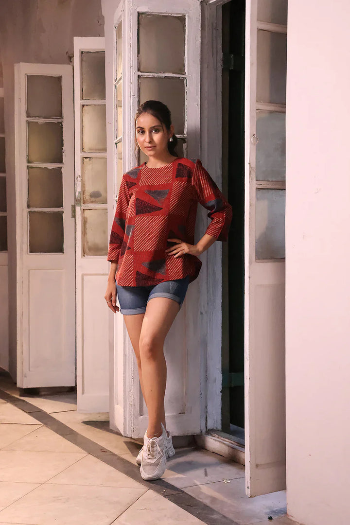 Brick Red Cotton Ajrakh Top | SHOBITAM