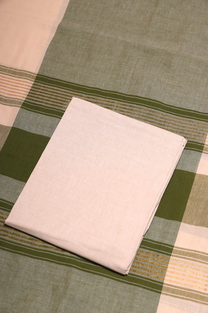 Beige and Green Woven Suit Set with Subtle Buti & Zari Dupatta | SHOBITAM