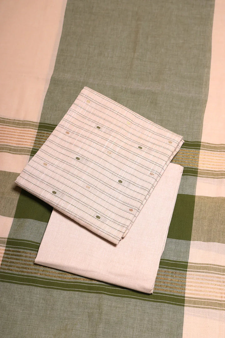 Beige and Green Woven Suit Set with Subtle Buti & Zari Dupatta | SHOBITAM