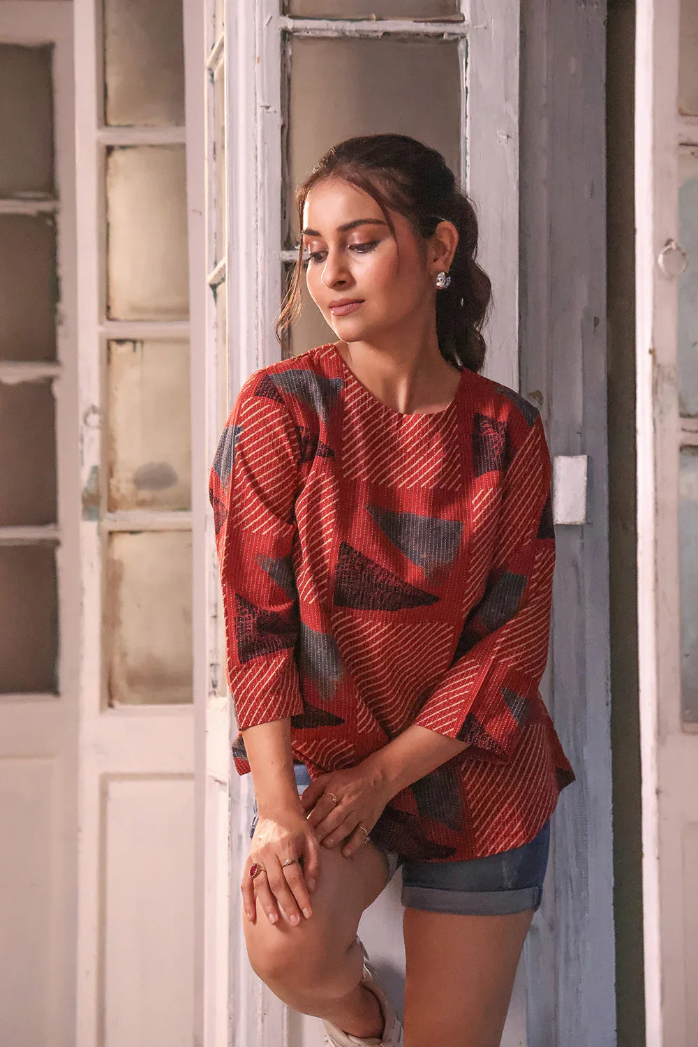 Brick Red Cotton Ajrakh Top | SHOBITAM