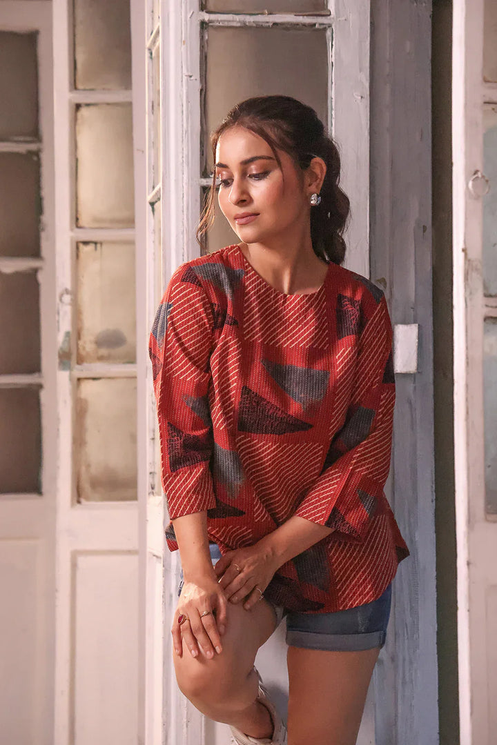 Brick Red Cotton Ajrakh Top | SHOBITAM
