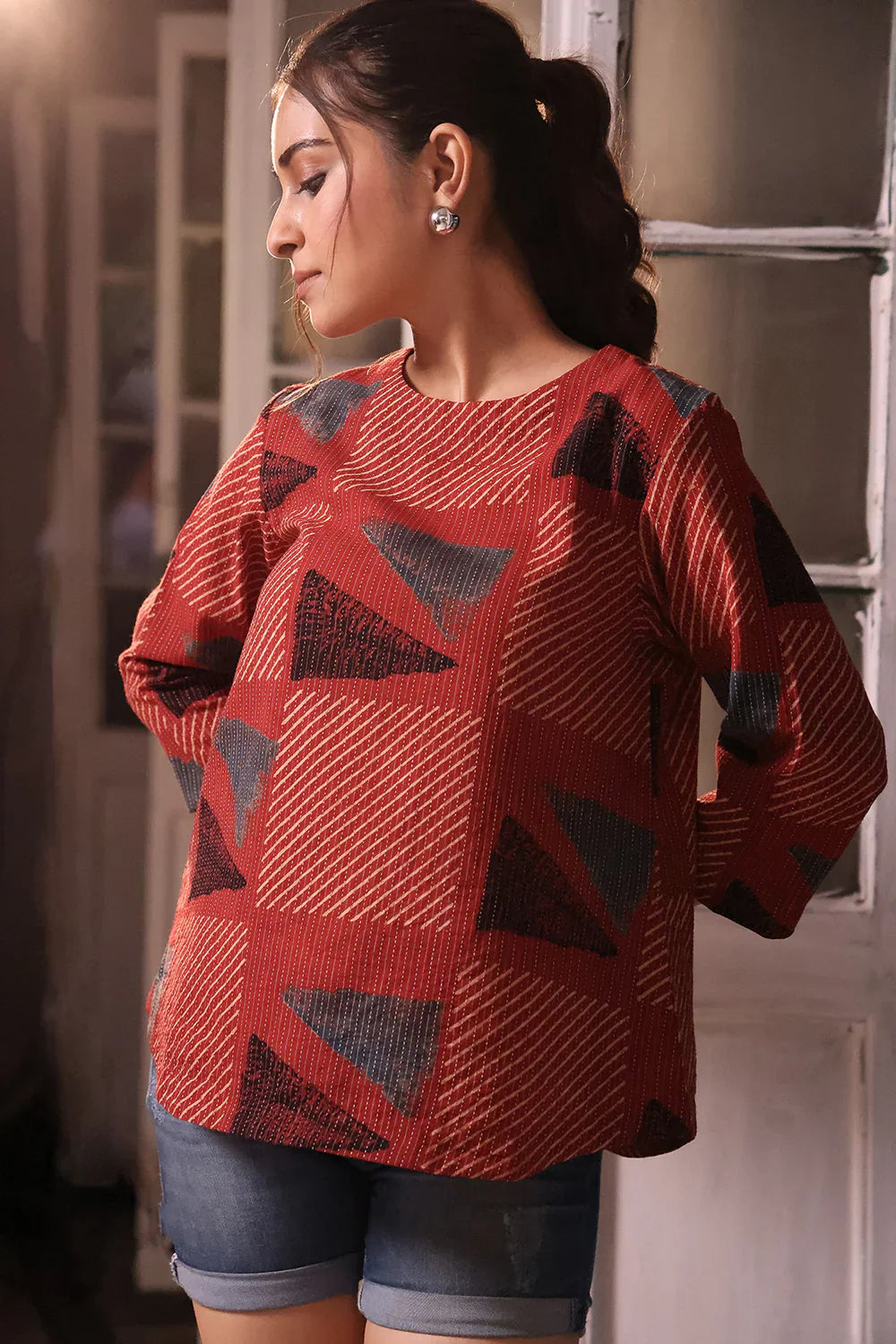 Brick Red Cotton Ajrakh Top | SHOBITAM
