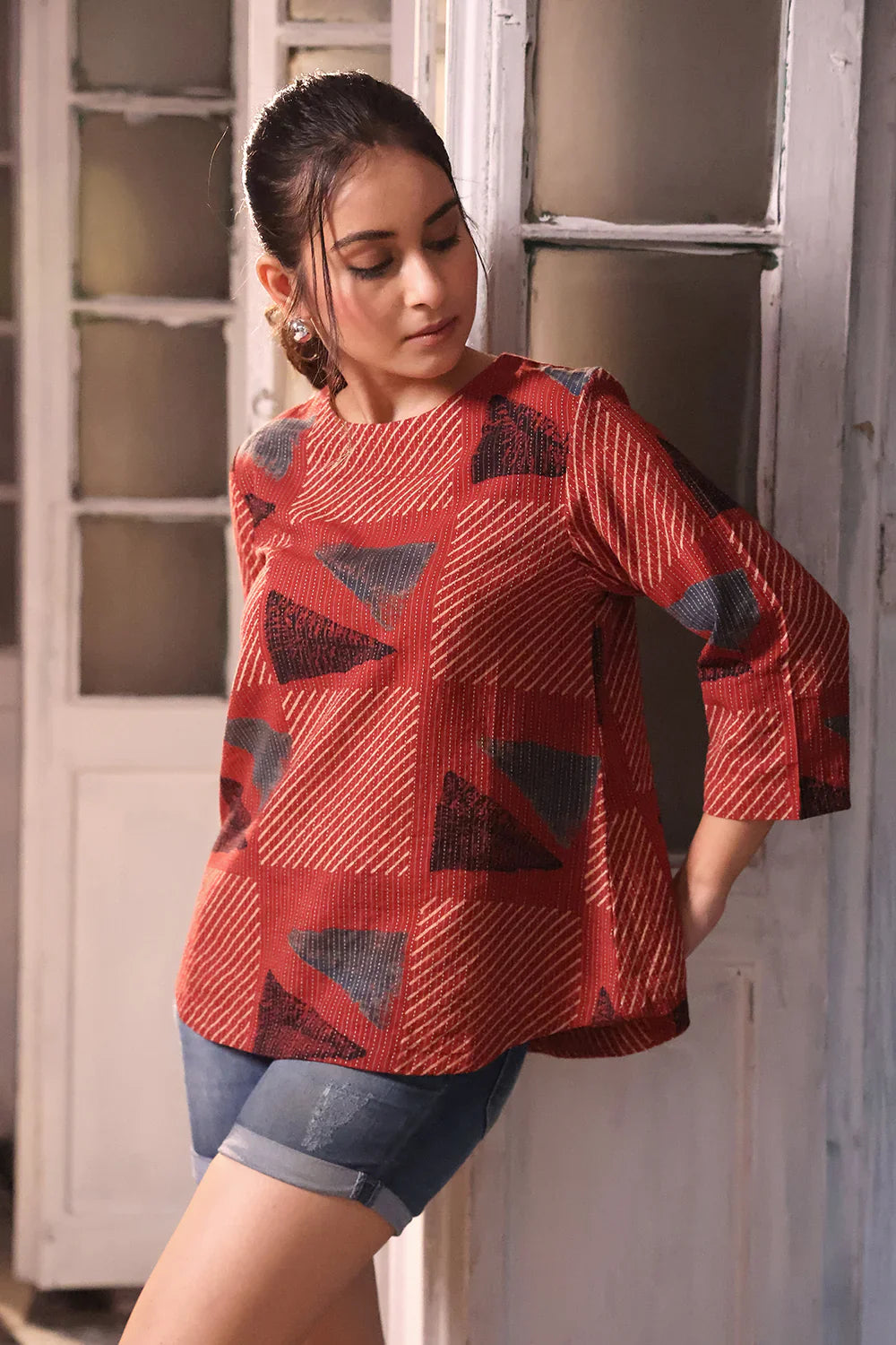 Brick Red Cotton Ajrakh Top | SHOBITAM