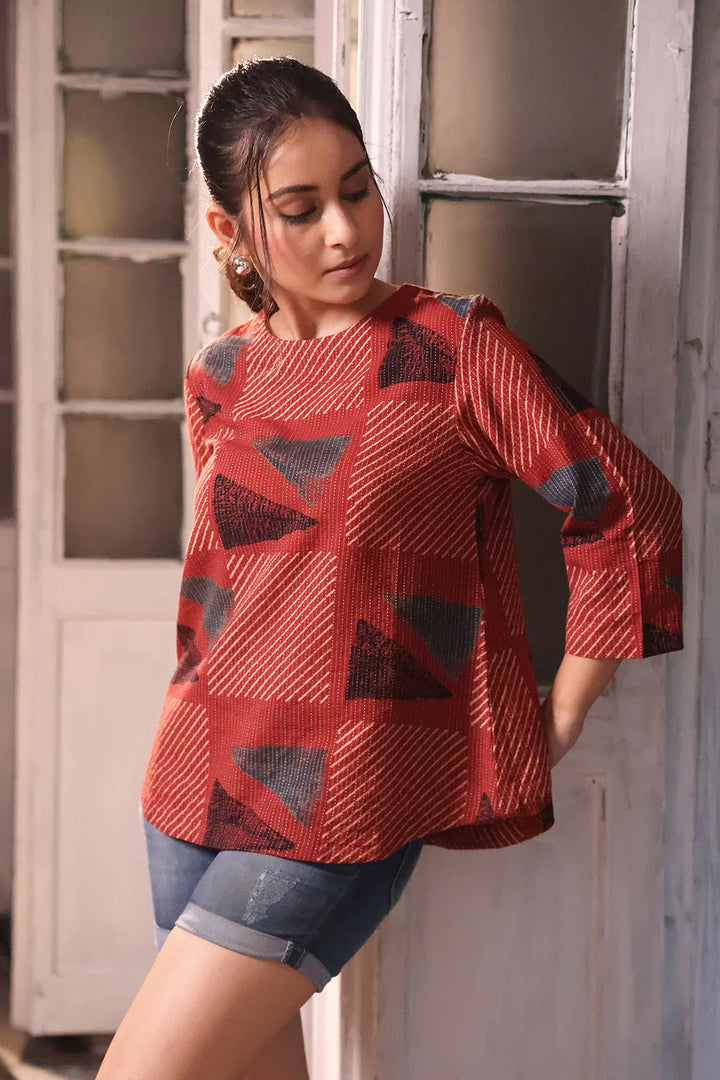 Brick Red Cotton Ajrakh Top | SHOBITAM