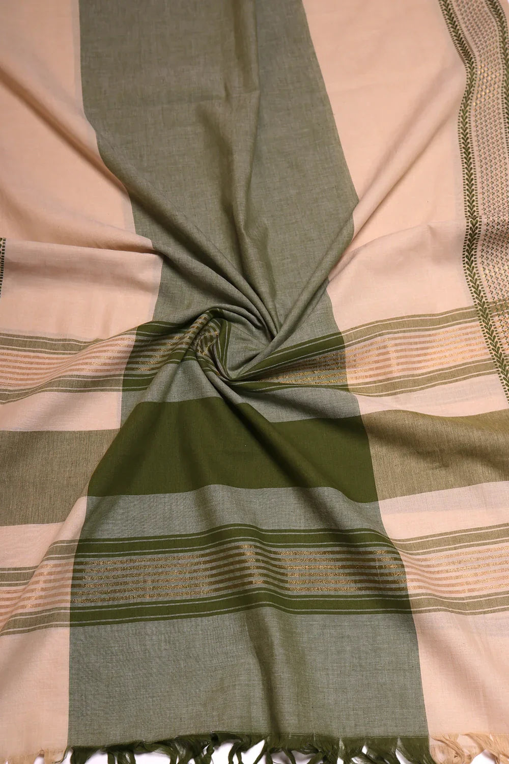 Beige and Green Woven Suit Set with Subtle Buti & Zari Dupatta | SHOBITAM