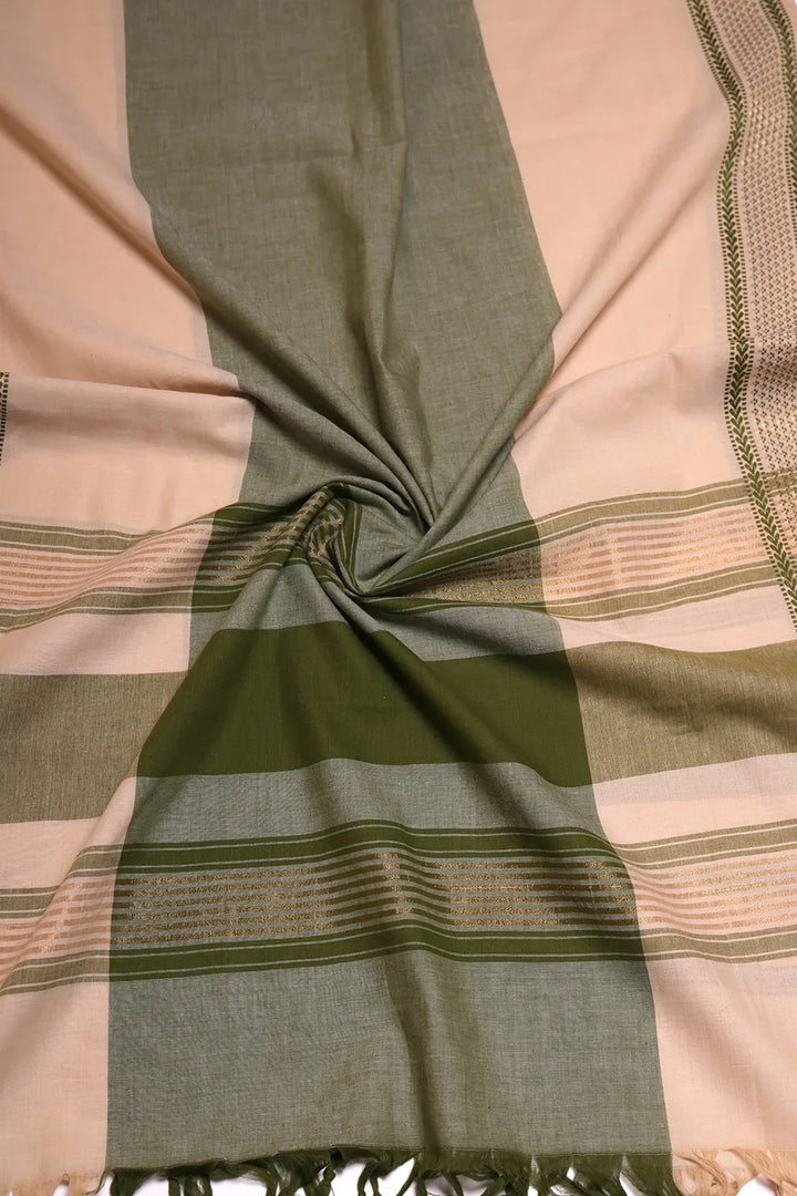 Beige and Green Woven Suit Set with Subtle Buti & Zari Dupatta | SHOBITAM