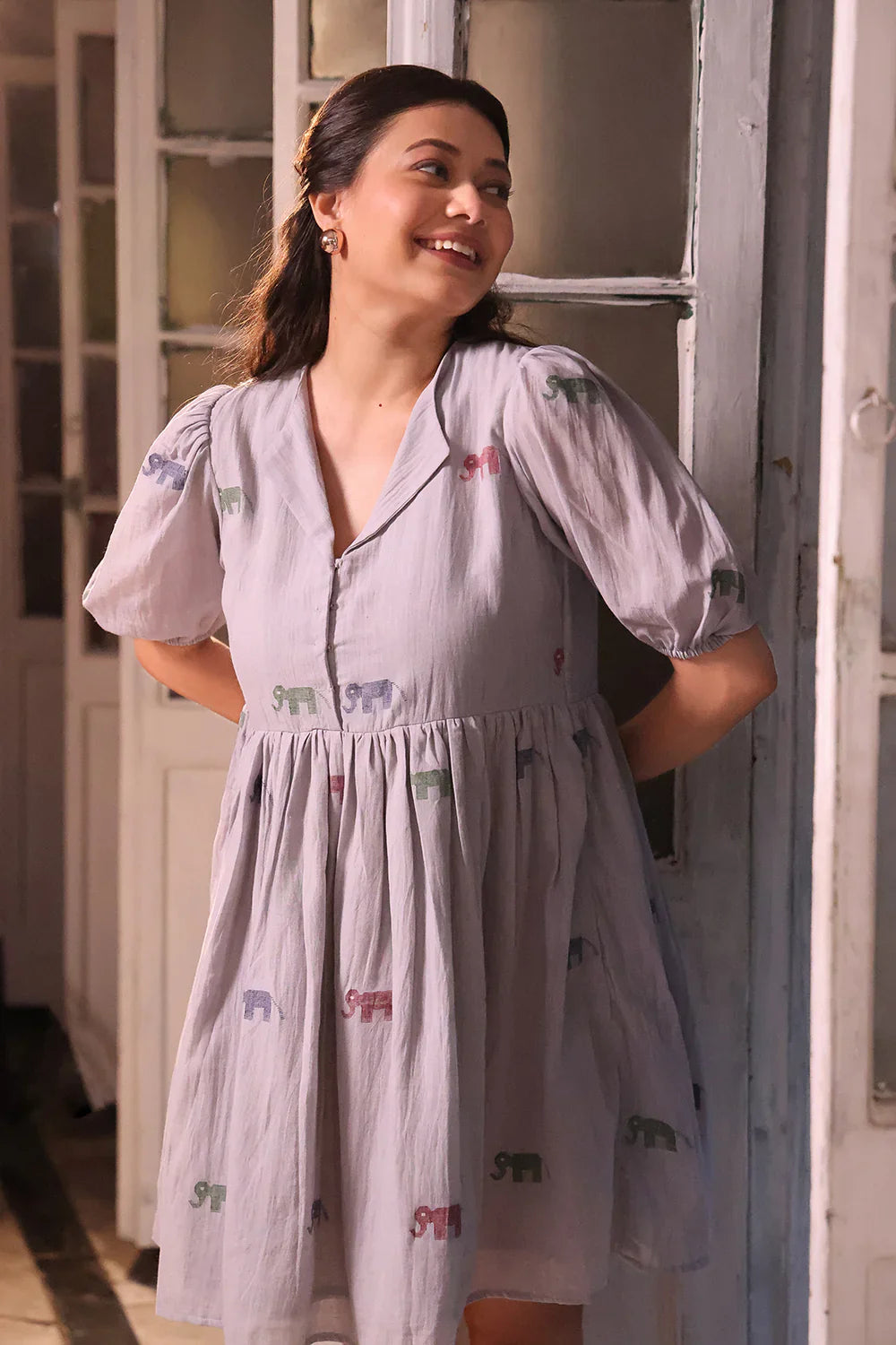 Grey Safari Cotton Jamdani Dress | SHOBITAM