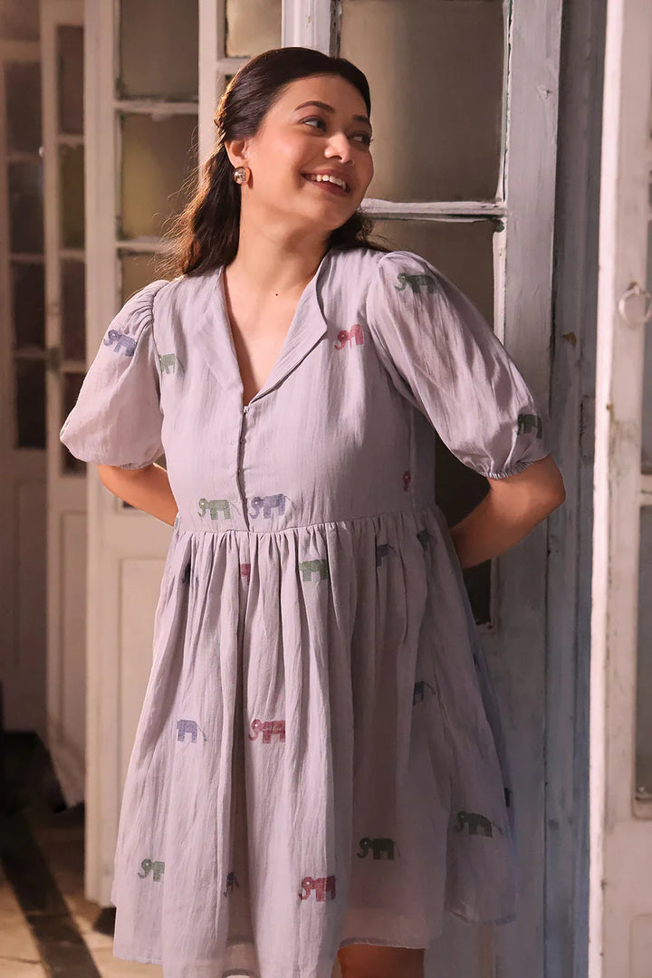 Grey Safari Cotton Jamdani Dress | SHOBITAM