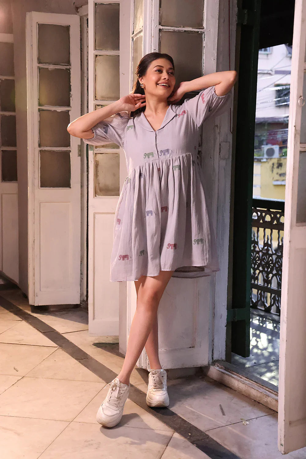 Grey Safari Cotton Jamdani Dress | SHOBITAM