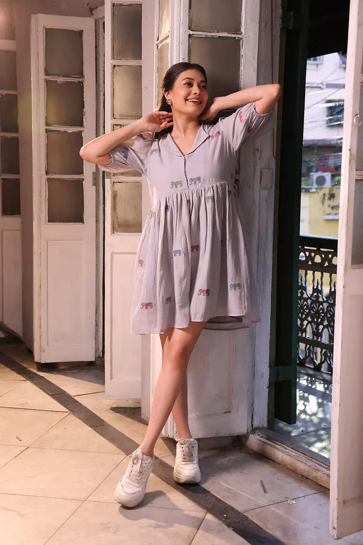 Grey Safari Cotton Jamdani Dress | SHOBITAM