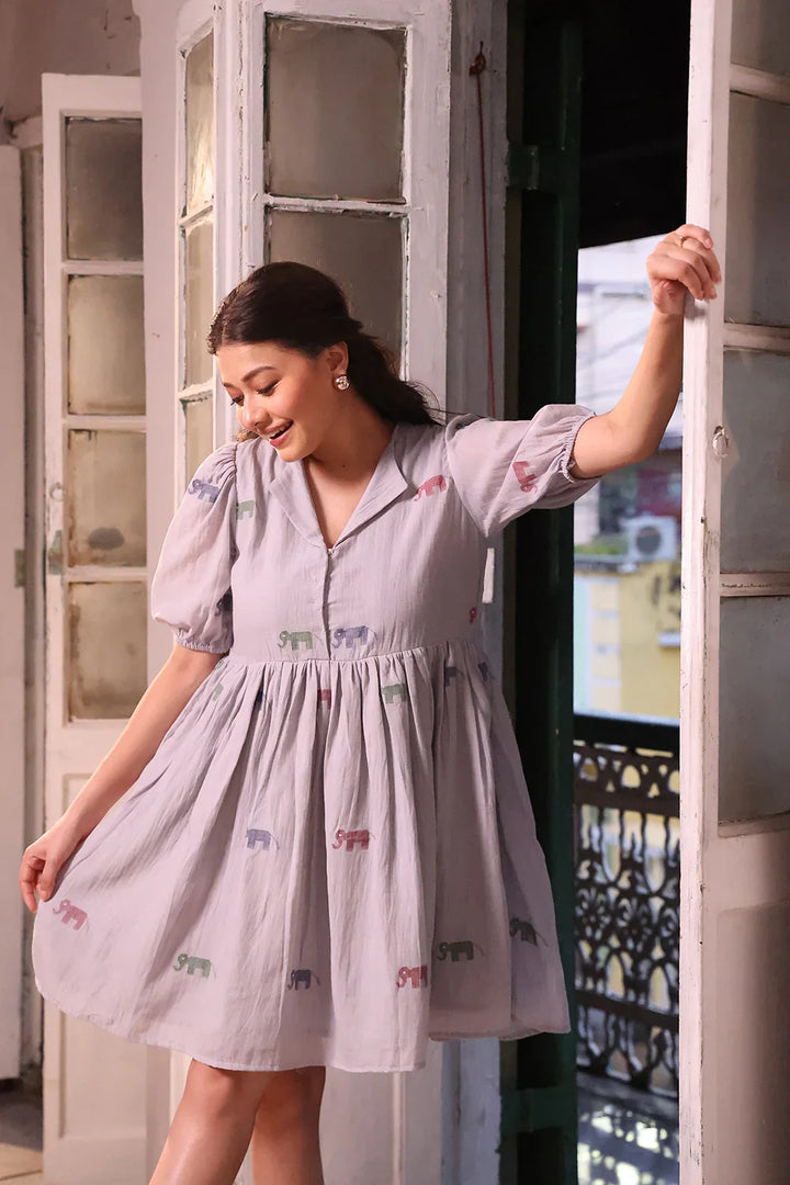 Grey Safari Cotton Jamdani Dress | SHOBITAM