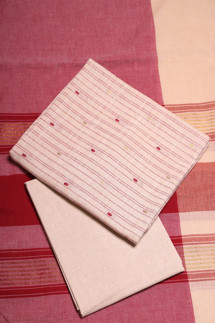 Beige and Pink Woven Suit Set with Subtle Buti & Zari Dupatta | SHOBITAM