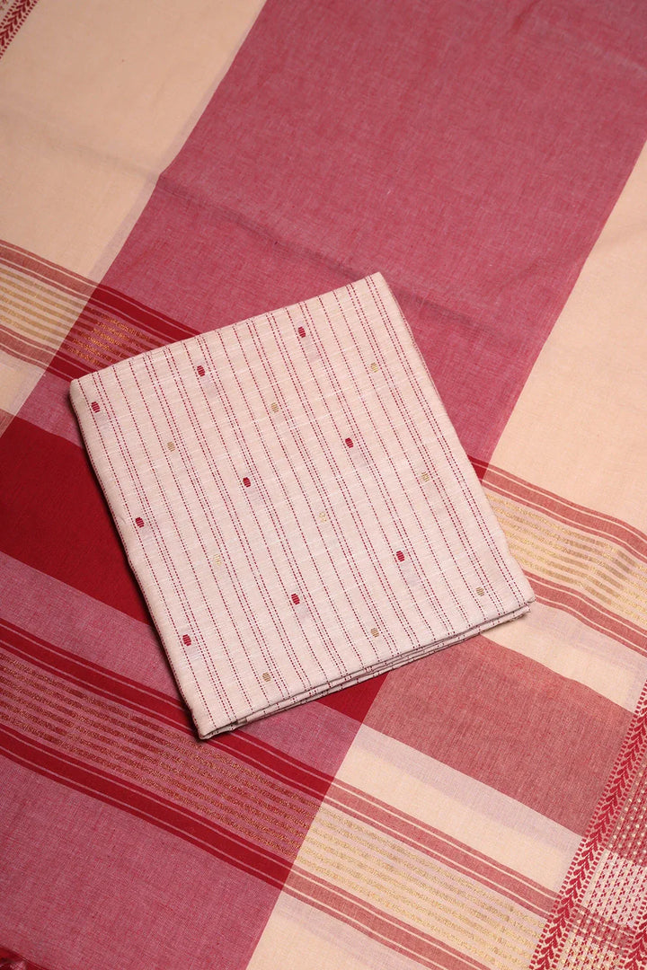 Beige and Pink Woven Suit Set with Subtle Buti & Zari Dupatta | SHOBITAM