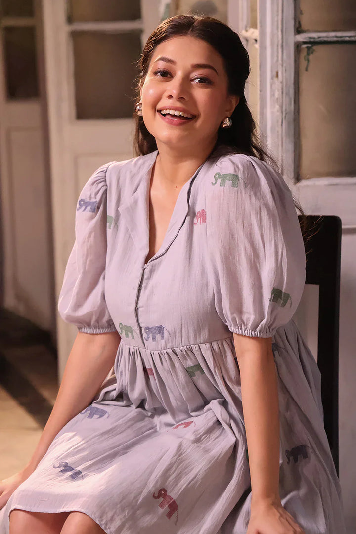 Grey Safari Cotton Jamdani Dress | SHOBITAM