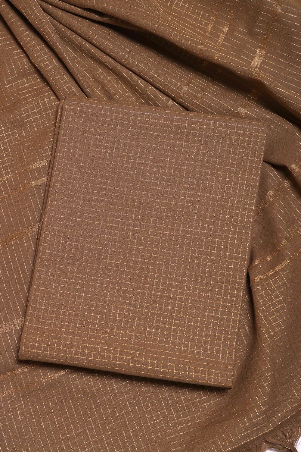 Earthy Brown Cotton Woven Suit Set with Subtle Buti & Zari Dupatta | SHOBITAM