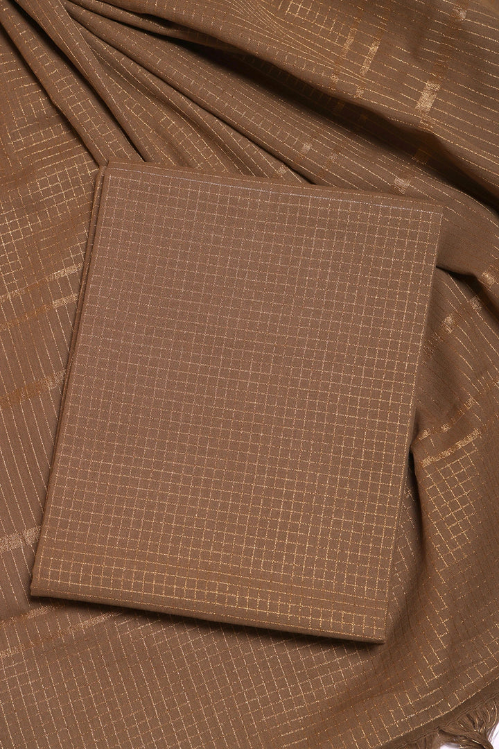 Earthy Brown Cotton Woven Suit Set with Subtle Buti & Zari Dupatta | SHOBITAM
