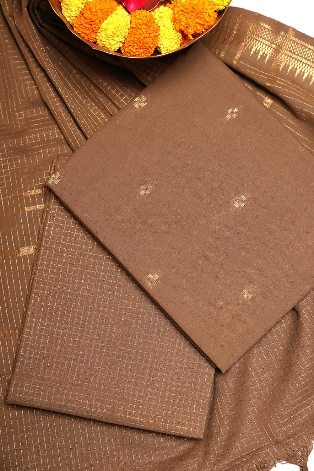 Earthy Brown Cotton Woven Suit Set with Subtle Buti & Zari Dupatta | SHOBITAM