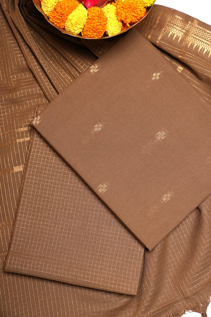 Earthy Brown Cotton Woven Suit Set with Subtle Buti & Zari Dupatta | SHOBITAM