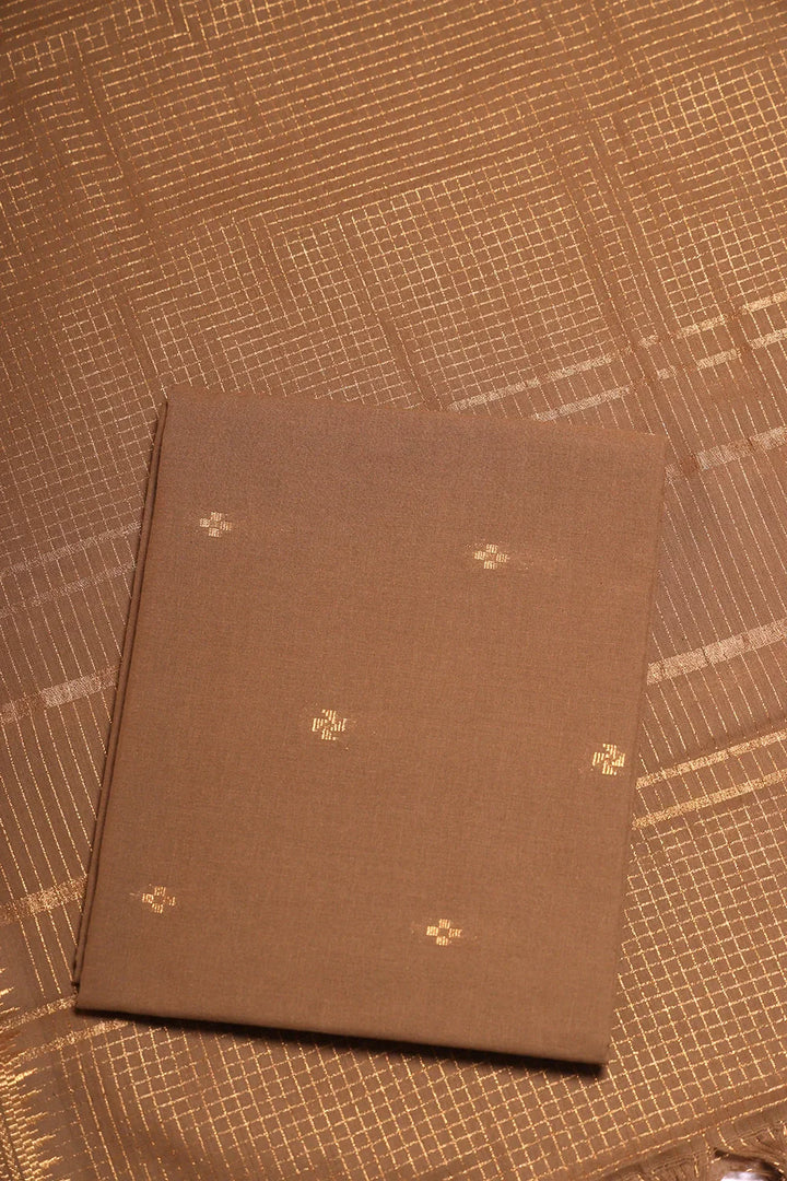 Earthy Brown Cotton Woven Suit Set with Subtle Buti & Zari Dupatta | SHOBITAM