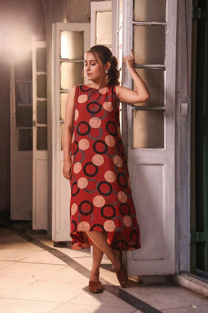 Brick Red Cotton Ajrakh Dress | SHOBITAM