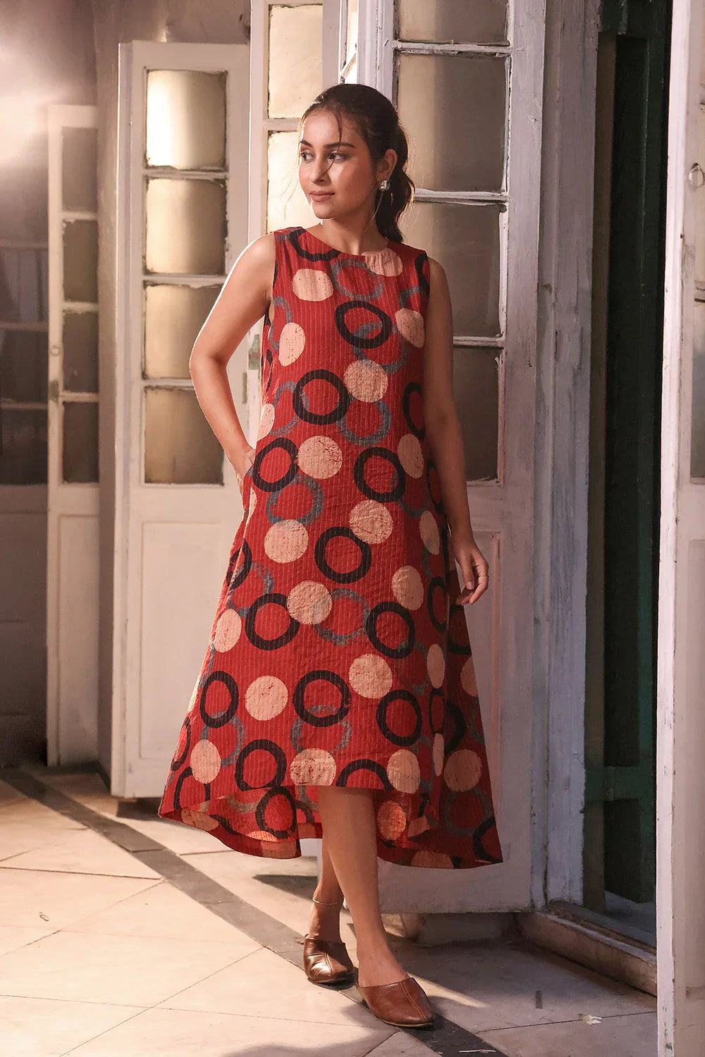 Brick Red Cotton Ajrakh Dress | SHOBITAM