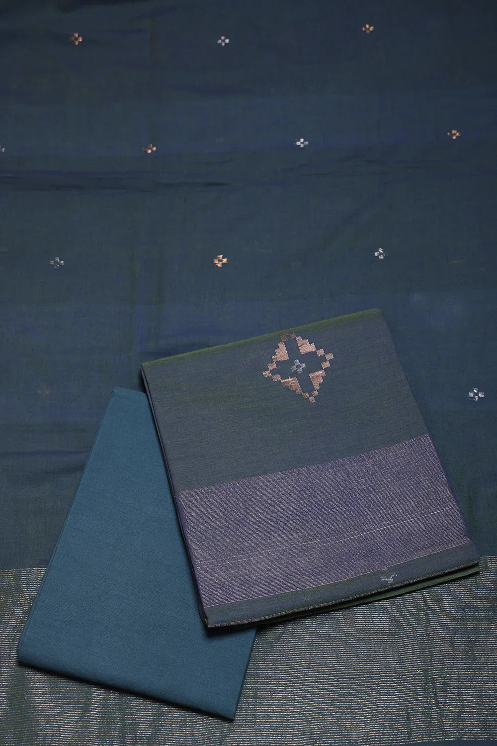Handloom Teal Green Cotton Zari Jamdani Suit Set with Dupatta | SHOBITAM