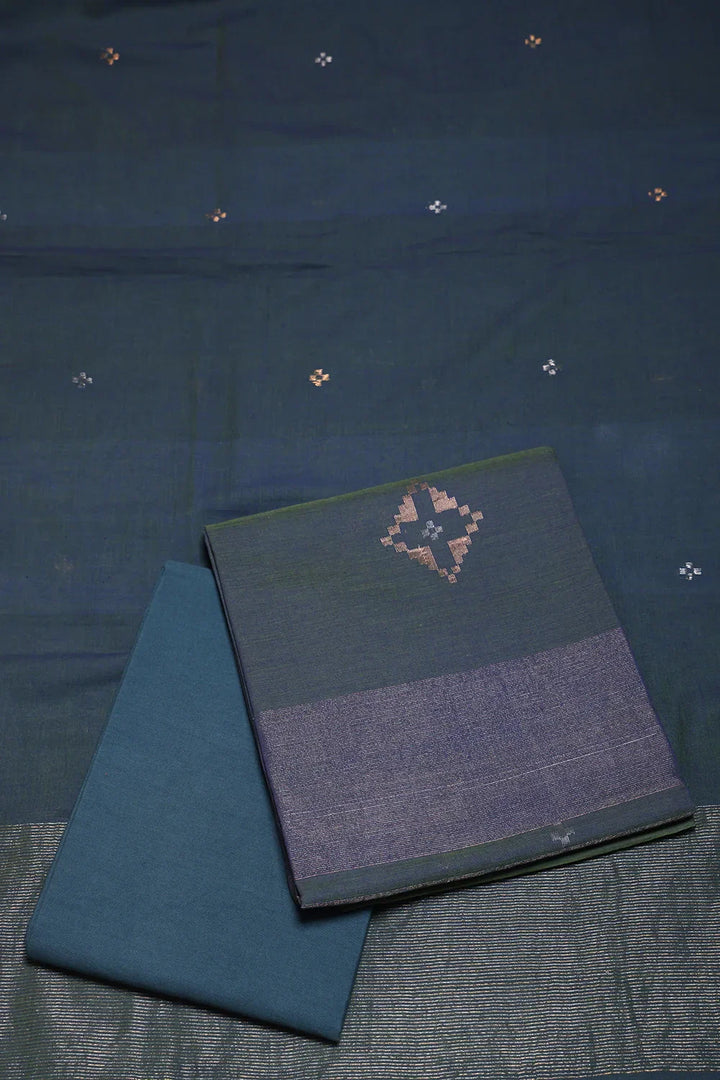 Handloom Teal Green Cotton Zari Jamdani Suit Set with Dupatta | SHOBITAM