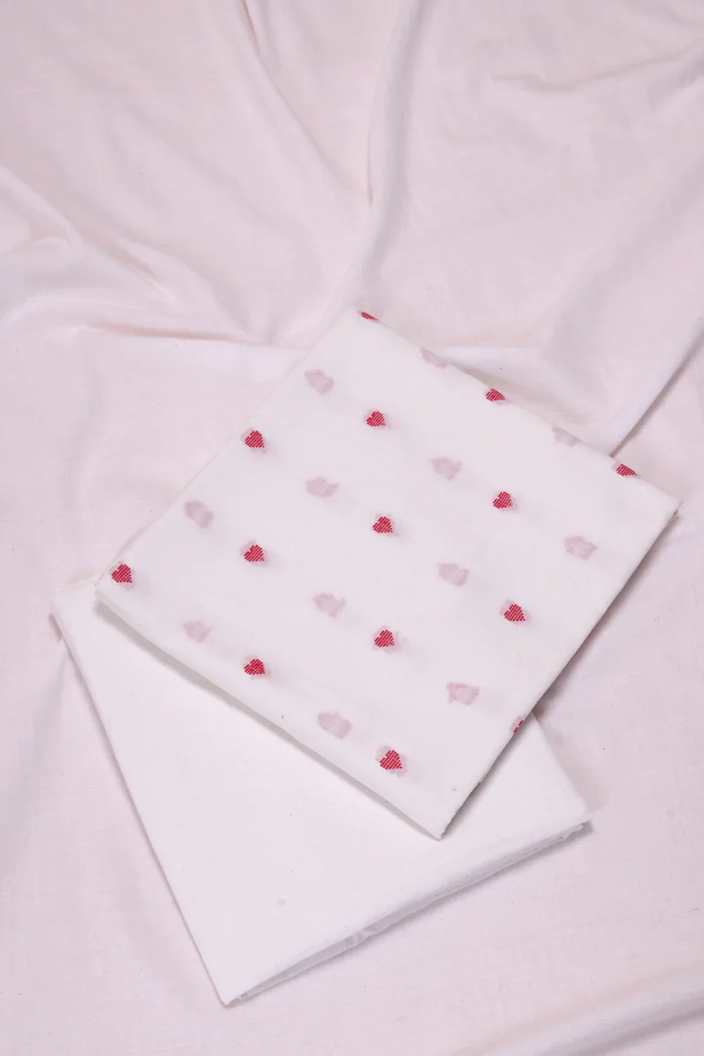 White and Red Heart Woven Cotton Suit Set With Dupatta | SHOBITAM