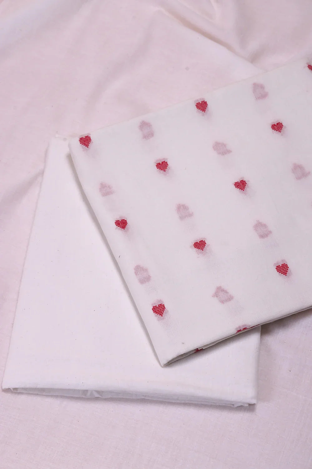 White and Red Heart Woven Cotton Suit Set With Dupatta | SHOBITAM
