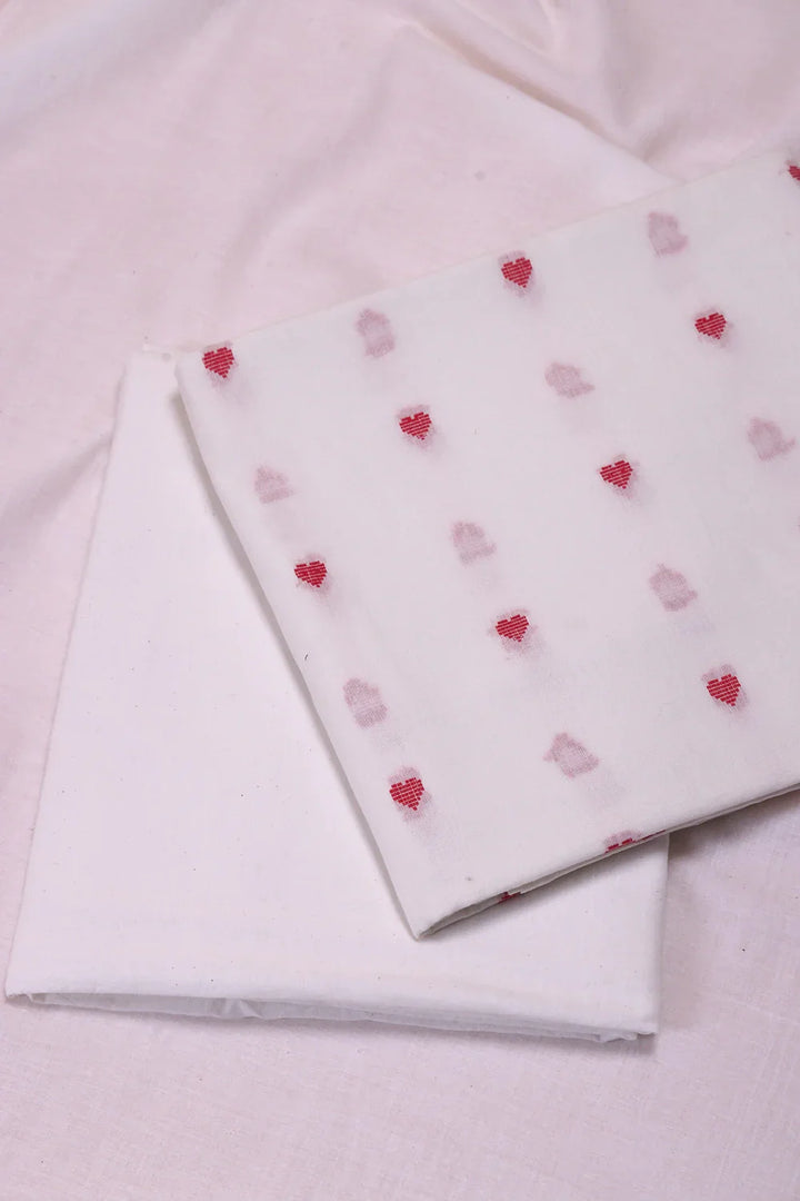 White and Red Heart Woven Cotton Suit Set With Dupatta | SHOBITAM