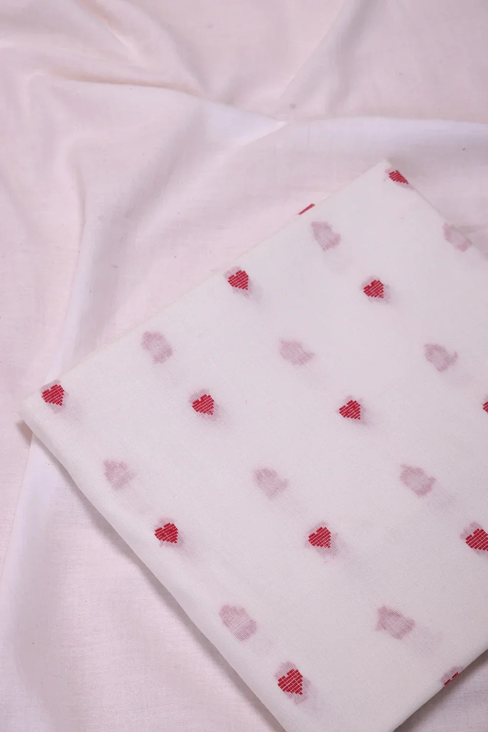 White and Red Heart Woven Cotton Suit Set With Dupatta | SHOBITAM