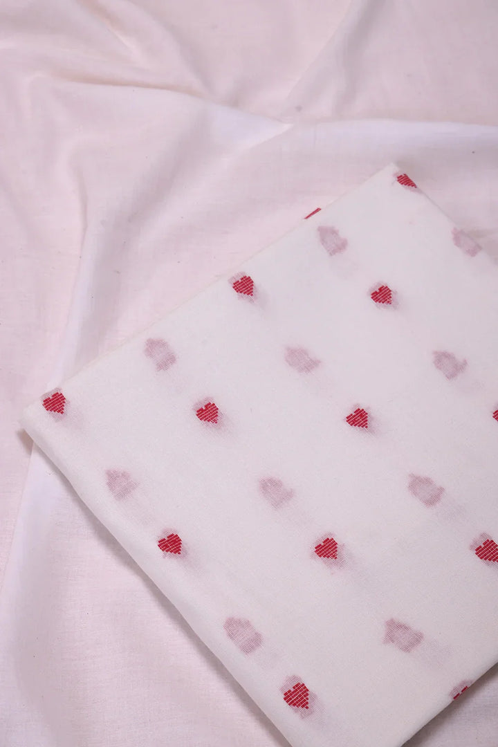 White and Red Heart Woven Cotton Suit Set With Dupatta | SHOBITAM