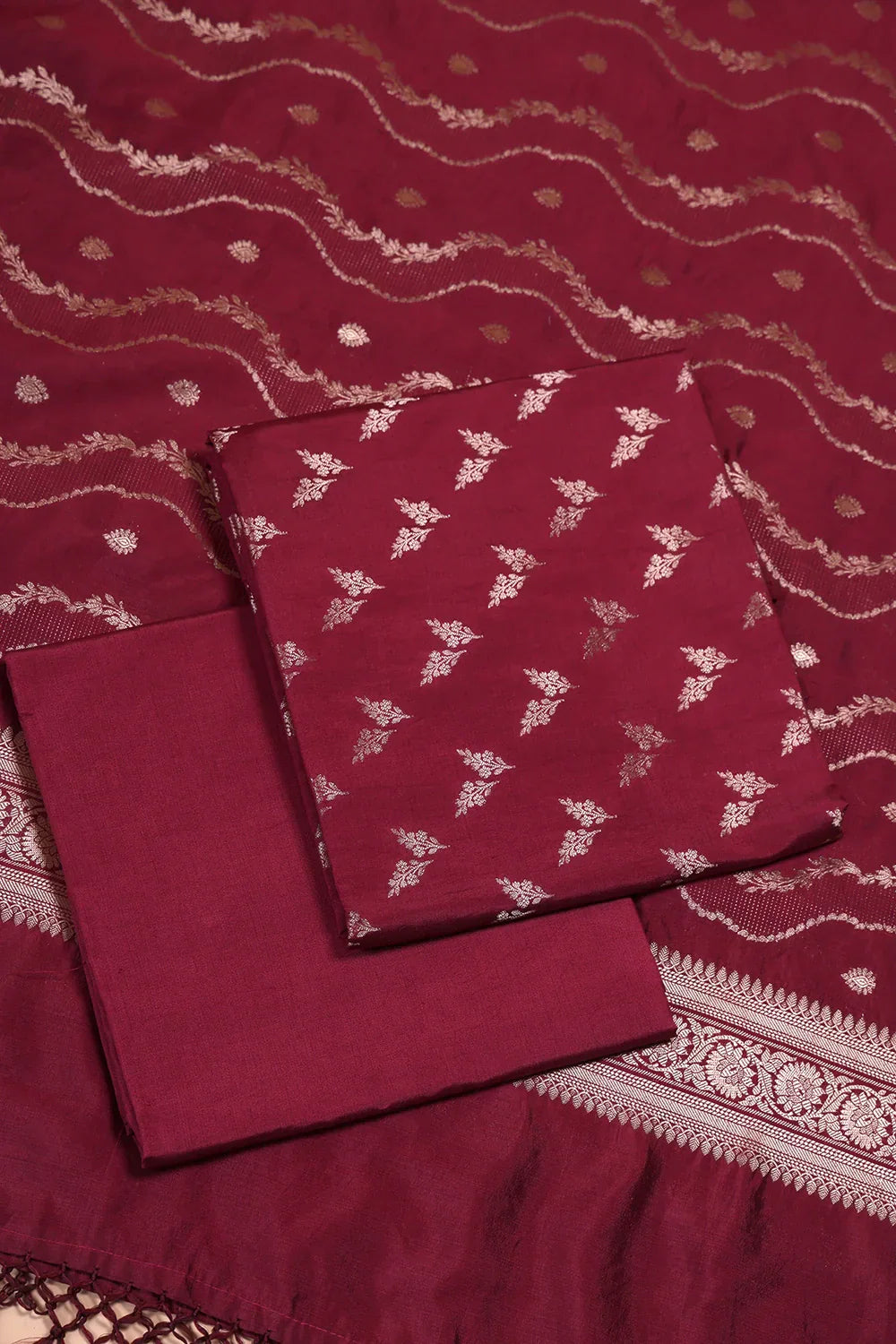 Handloom Wine Pure Silk Banarsai Kurta Set With Dupatta | SHOBITAM