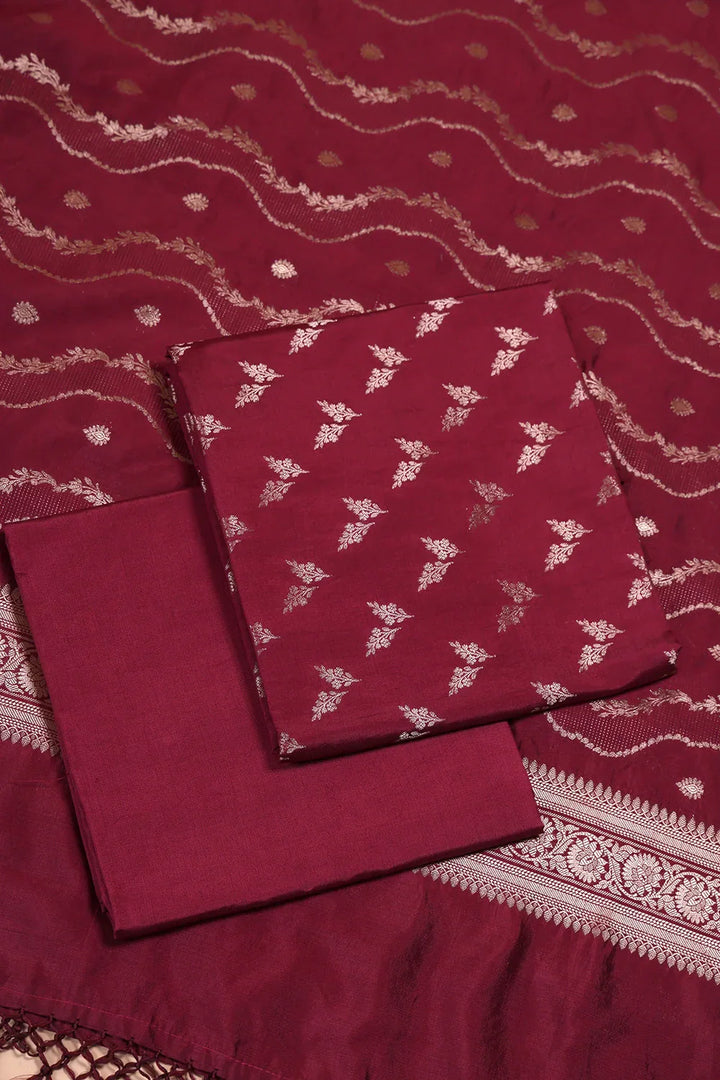 Handloom Wine Pure Silk Banarsai Kurta Set With Dupatta | SHOBITAM
