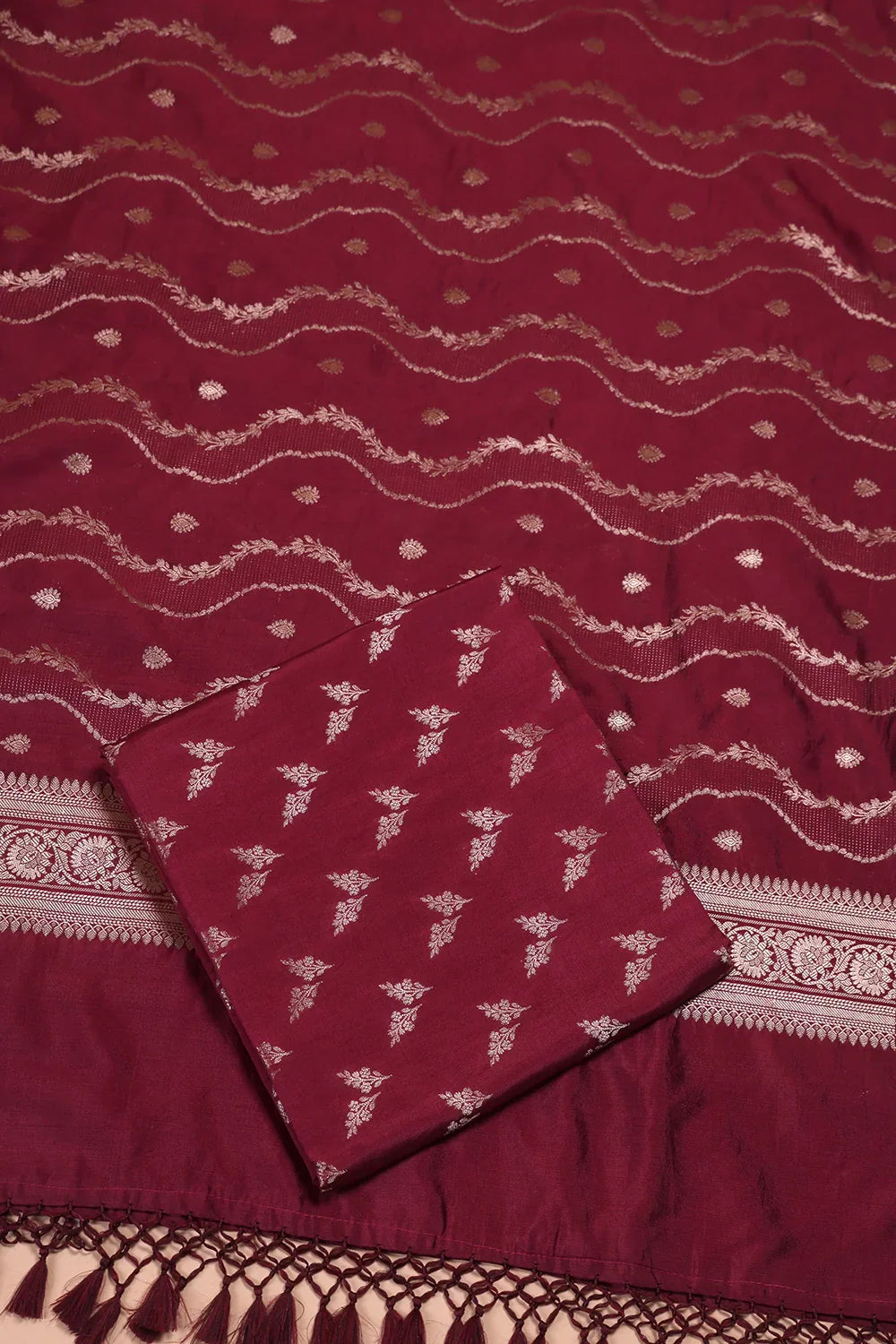 Handloom Wine Pure Silk Banarsai Kurta Set With Dupatta | SHOBITAM