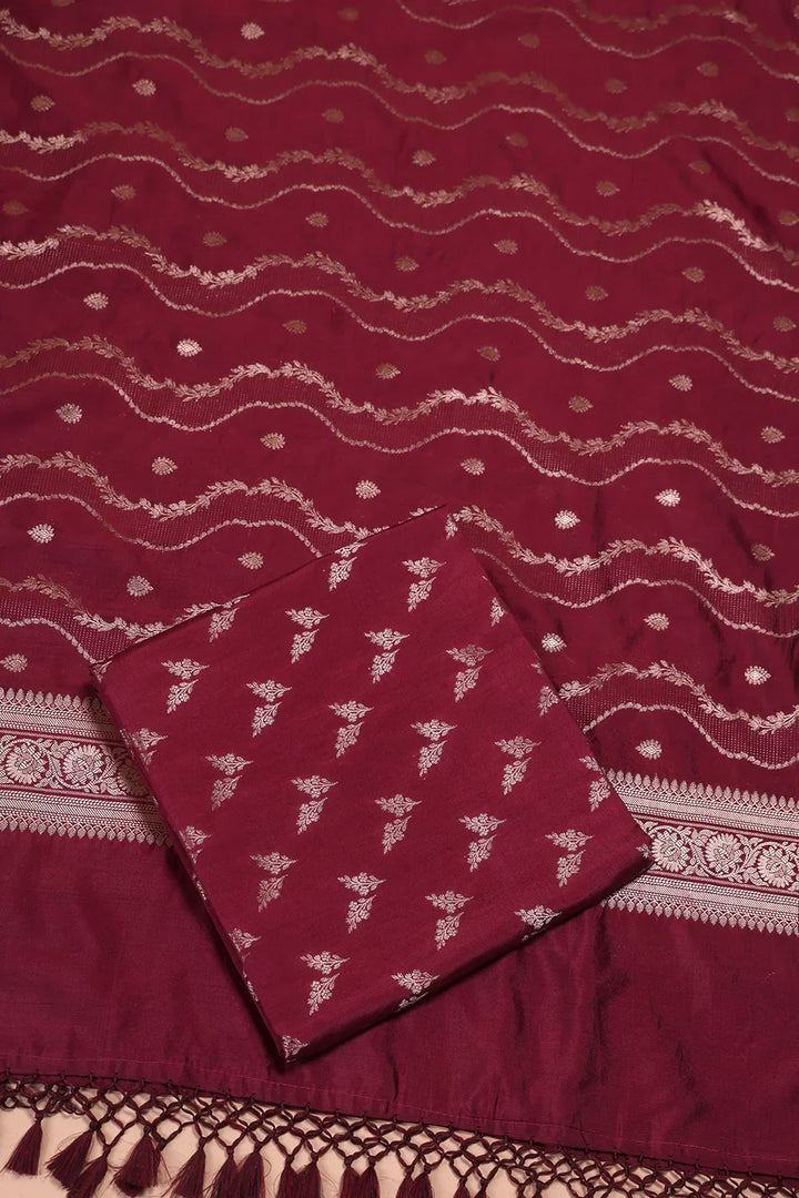 Handloom Wine Pure Silk Banarsai Kurta Set With Dupatta | SHOBITAM