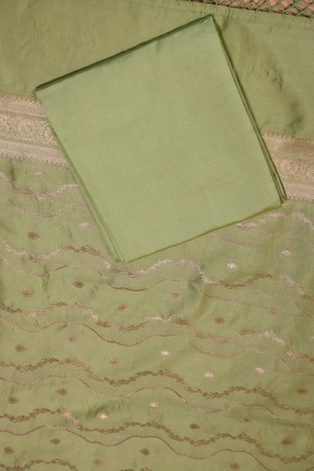 Handloom Pure Silk Pista Green Suit Set WIth Dupatta | SHOBITAM