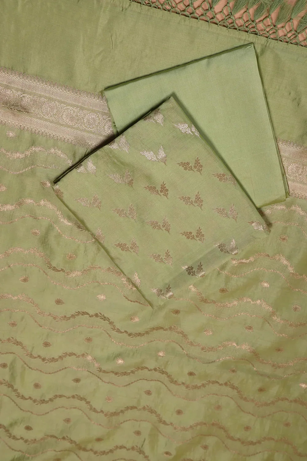 Handloom Pure Silk Pista Green Suit Set WIth Dupatta | SHOBITAM