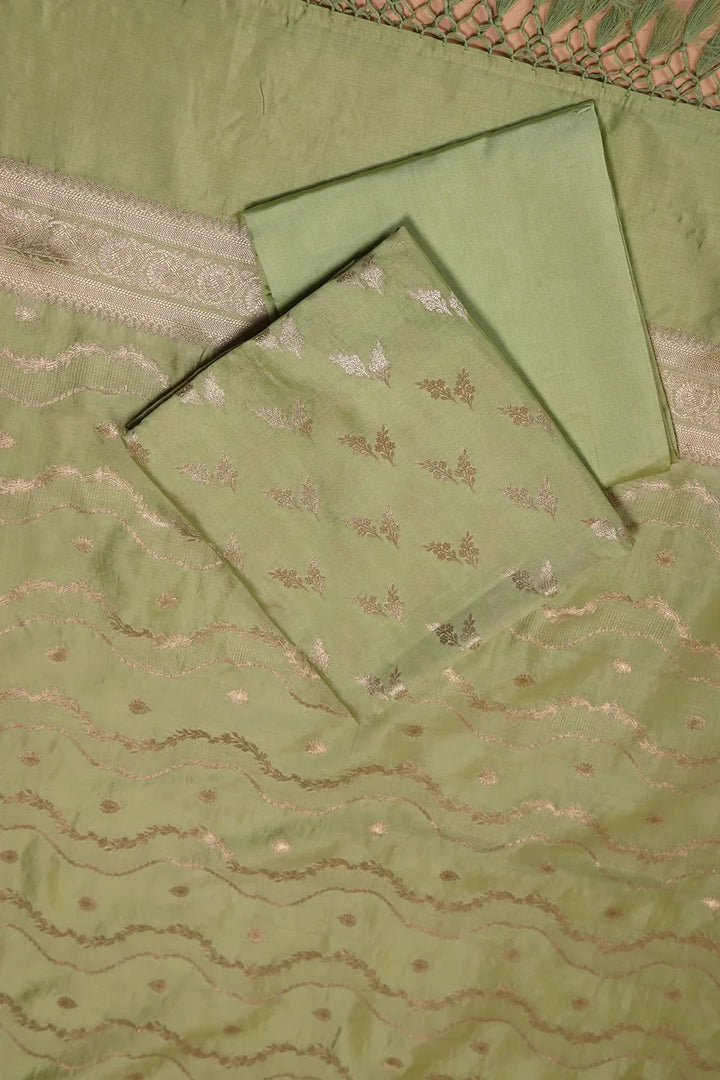 Handloom Pure Silk Pista Green Suit Set WIth Dupatta | SHOBITAM