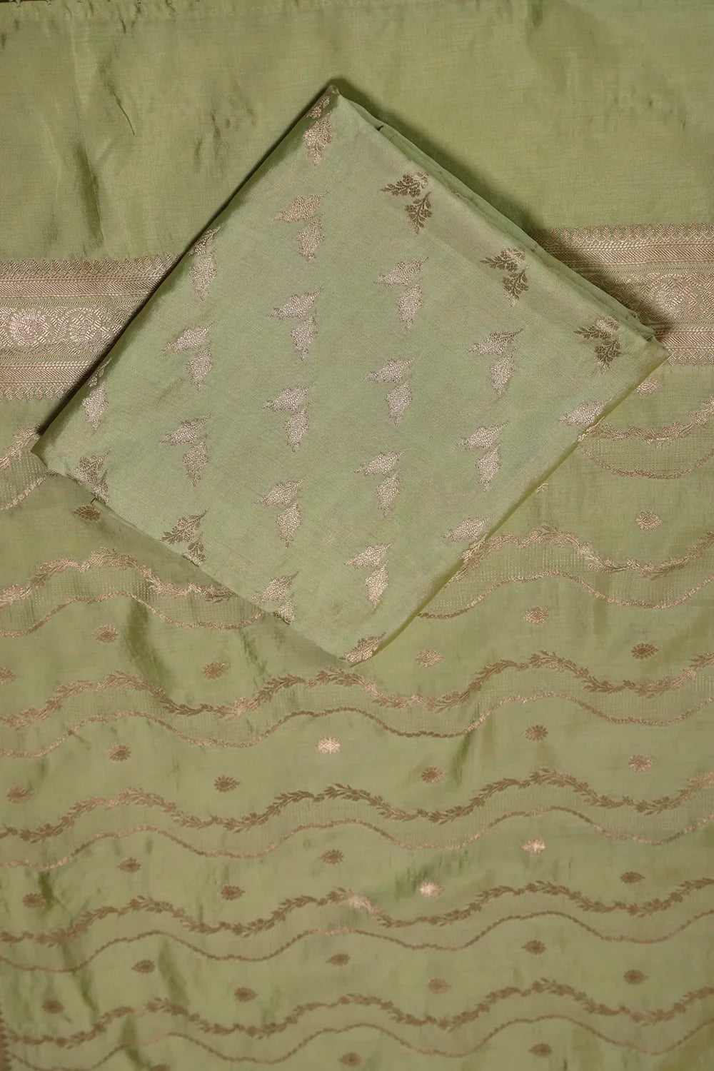 Handloom Pure Silk Pista Green Suit Set WIth Dupatta | SHOBITAM
