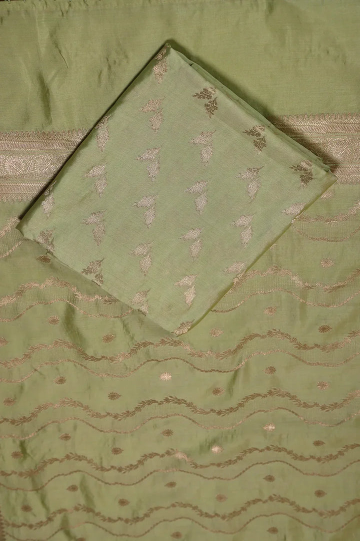 Handloom Pure Silk Pista Green Suit Set WIth Dupatta | SHOBITAM