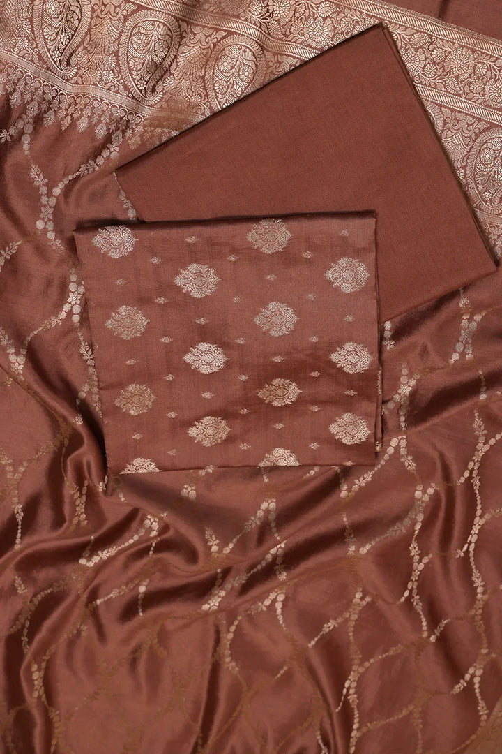 Handloom Pure Silk Mocha Brown Suit Set WIth Dupatta | SHOBITAM
