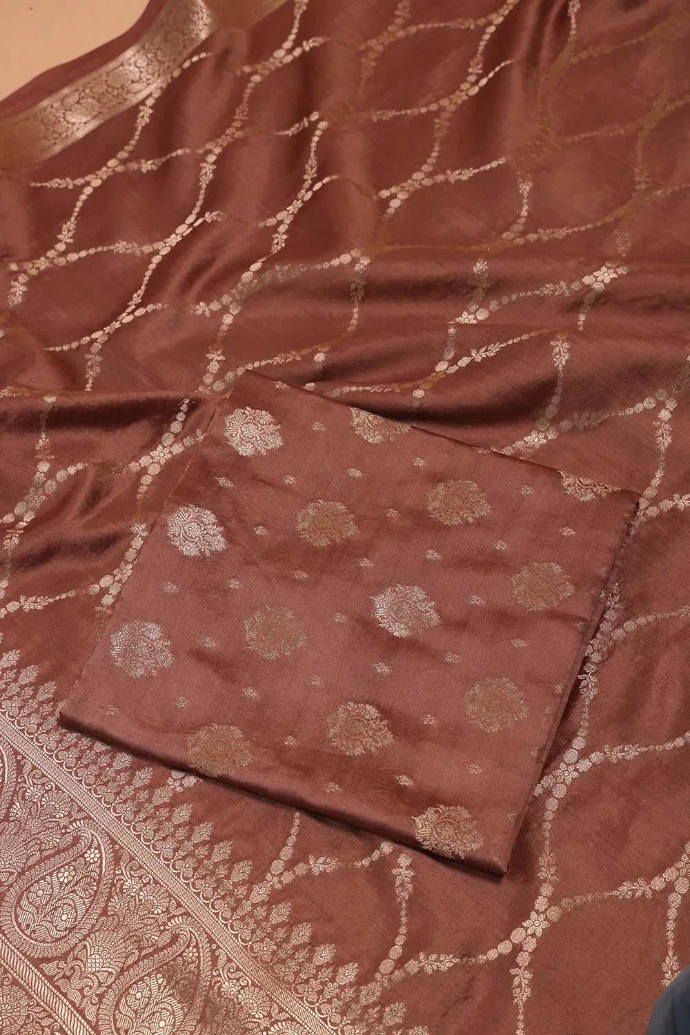 Handloom Pure Silk Mocha Brown Suit Set WIth Dupatta | SHOBITAM