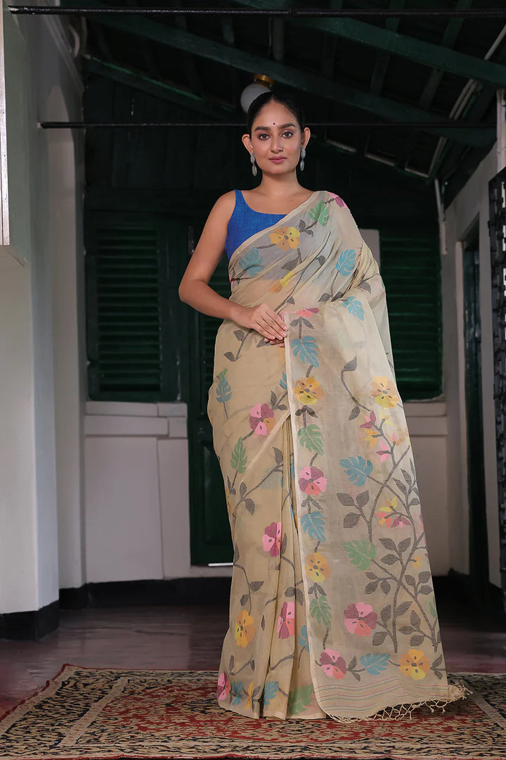 Handloom Yellow Cream Pure Cotton Jamdani Saree with Floral Motifs | SHOBITAM